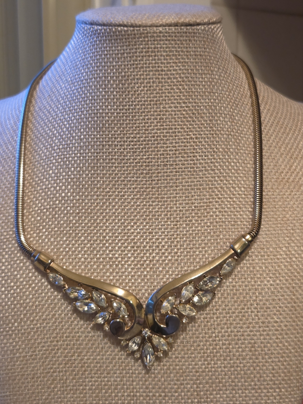 Vintage Crown Trifari Gold-Tone Rhinestone Pendant Necklace